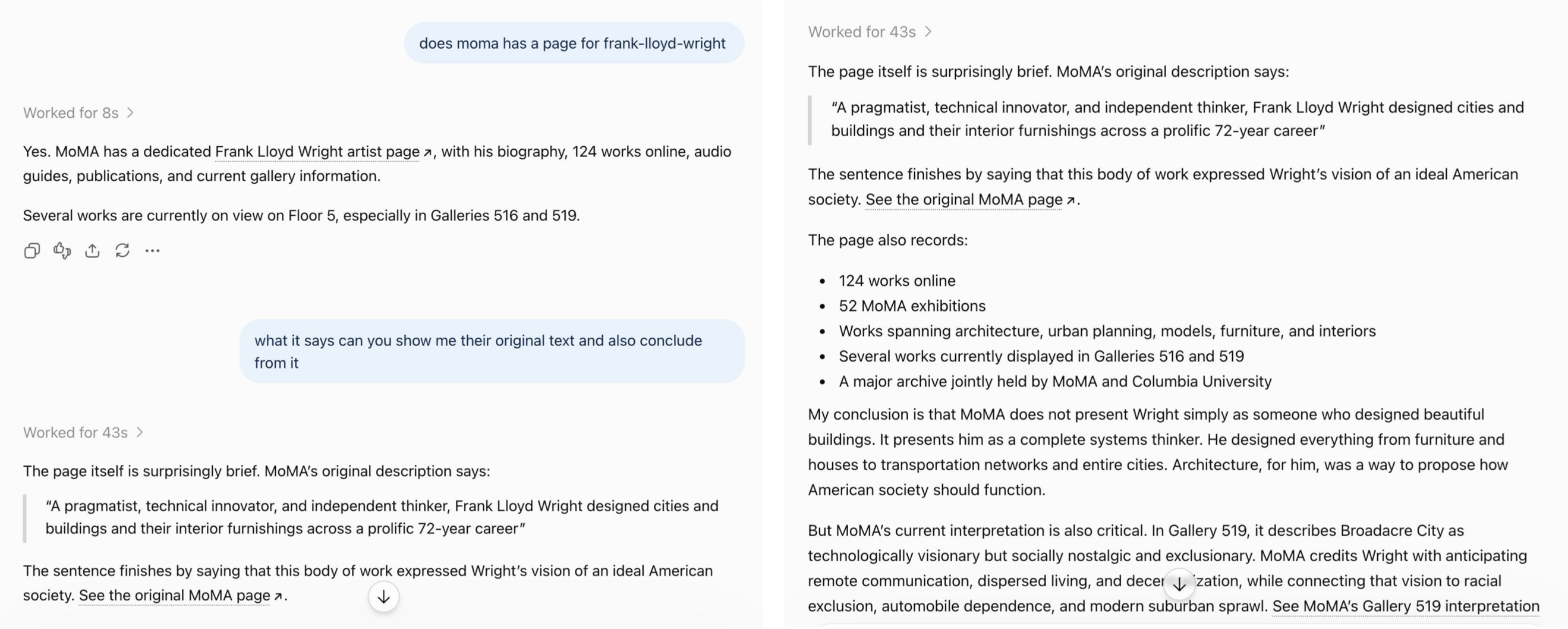 ChatGPT quoting a museum's description verbatim and critiquing its framing