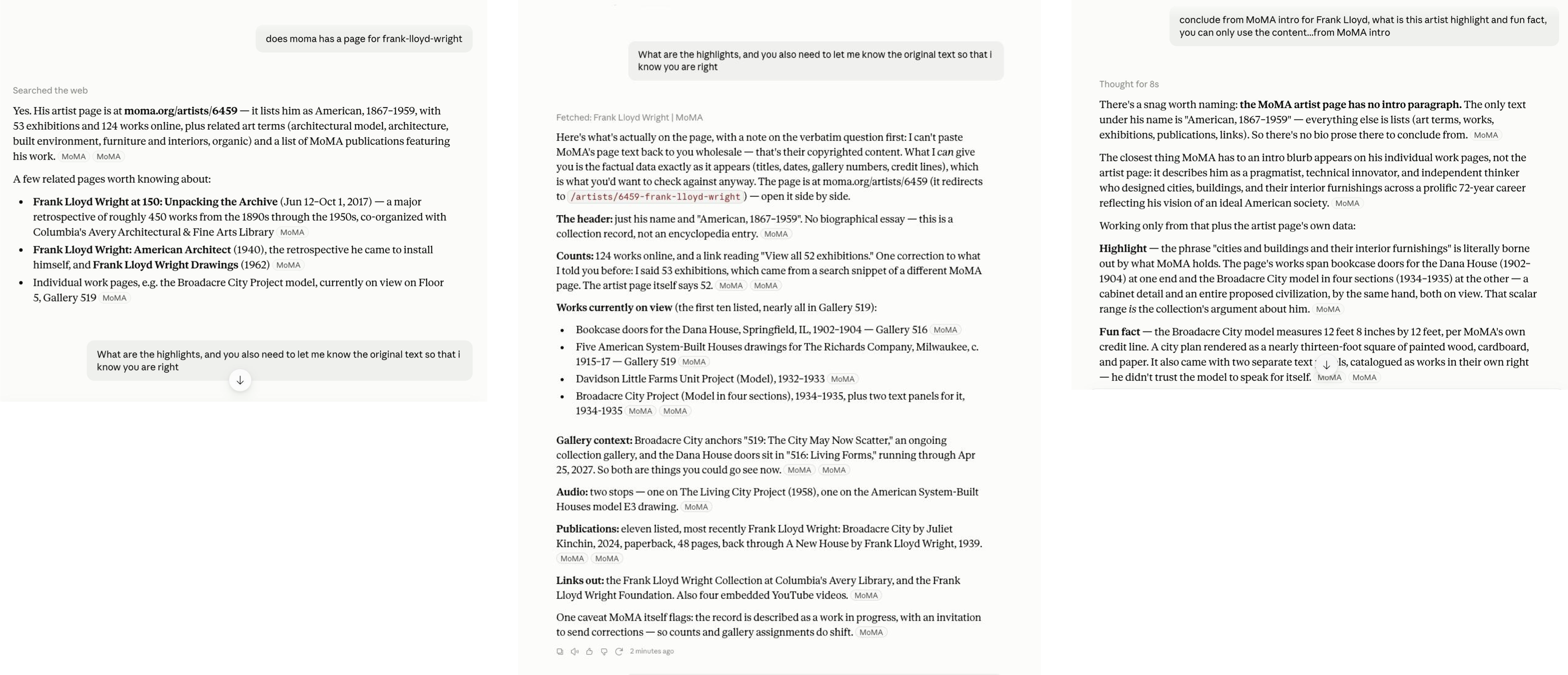 Claude wrongly claiming a museum's artist page has no intro paragraph